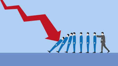 Finansal kriz, ekonomik kriz, enflasyon, durgunluk, iflas ve kriz konseptinin en düşük seviyede bir grafiği. Bir iş adamı başarısızlığı durdurmak için domino etkisine direnir..
