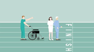 Yaşlı hastaların hastaneye kaldırılması, tedavi, fizik tedavi, rehabilitasyon ve tıbbi tedavi. Neşeli bir fizyoterapist ve hemşireyle hastalığın yaşlı ve hasta erkek tedavisi. Satır yolunu tamamlamayı hedefle.