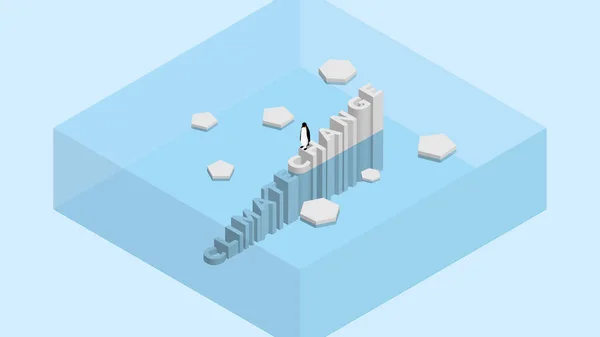 Pinguino Sul Testo Formulazione Iceberg Riscaldamento Globale Scioglimento Dei Ghiacci — Vettoriale Stock