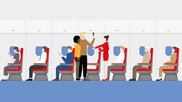 航空公司业务和高密度旅游概念后的大流行病Covid Coronavirus 自私自利的乘客和机组人员空姐在机舱登机 — 图库矢量图片