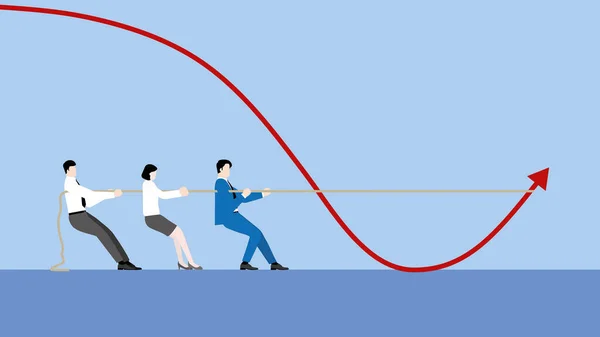 金融危機 景気後退 インフレ 破産の概念の赤いダウンチャートの最小限のスタイル 指導者が綱引きを引いてグラフの方向を変えるビジネスチーム — ストックベクタ