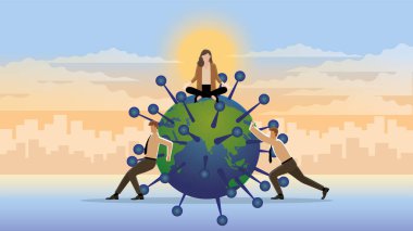 A calm businesswoman sits and meditates on an infected COVID-19 corona virus earth with employee teamwork support. Think of business idea solution, problem solving from the pandemic economic downturn. clipart