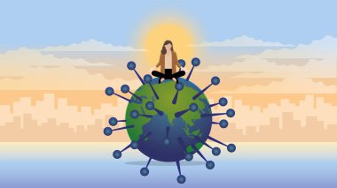 A calm businesswoman sits and meditates on an infected COVID-19 virus earth. Think of business idea solutions, problem solving from the pandemic economic downturn. In morning sunrise city background. clipart