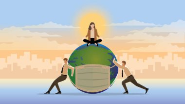 Sakin bir iş kadını, maskesiyle hasta bir dünyada oturup meditasyon yapar. Ekonomi, finans ve durgunluk gibi sorunları çözmek için bir iş fikri düşünün. Gün doğumunun erken saatlerinde şehrin arka planında.