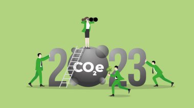 ESG and green business policy concept. Teamwork of green vision businesswoman in the year 2023. Carbon dioxide net zero emission, carbon footprint, planting tree, global greenhouse gas, save the world clipart