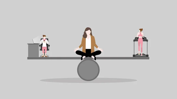 工作生活平衡概念 一个冥想的女人坐在窗前 在写字台上工作和在跑步机上跑来跑去之间思考 努力工作和医疗保健的商业生活方式 — 图库矢量图片