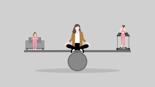Έννοια Ισορροπίας Μια Γυναίκα Διαλογισμού Κάθεται Και Σκέφτεται Στο Κέντρο — Διανυσματικό Αρχείο