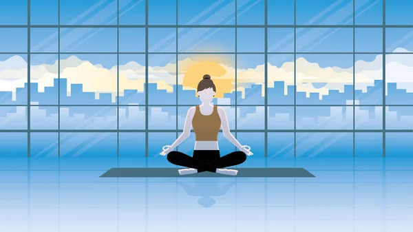 Una Mujer Tranquila Sienta Medita Esterilla Yoga Conceptos Mindfulness Rutina — Vector de stock