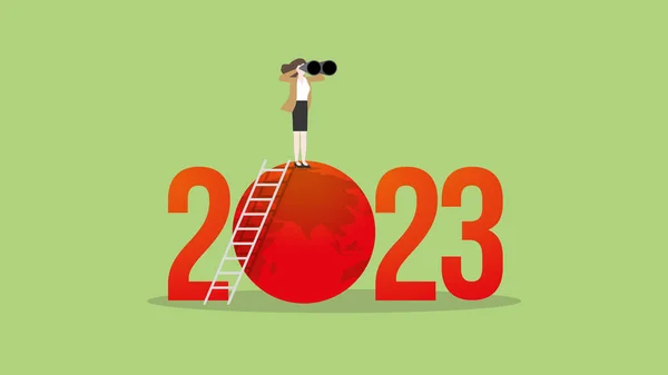 2023 yılında ESG ve yeşil iş politikası kavramı. Bir vizyon sahibi iş kadını dürbün kullanır. Sıfır ağ emisyonu, karbon ayak izi, karbondioksit eşdeğeri, küresel sera gazı, dünyayı kurtarmak.
