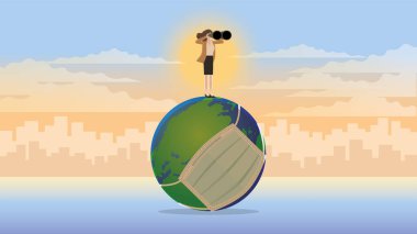 Vizyon sahibi bir iş kadını kötü dünyada dürbün kullanır. Ayı ekonomisinde bir sorunu çözmek için iş fikri çözümleri arayın, ekonomik kriz, durgunluk, mali kriz, enflasyon ve kayıp.