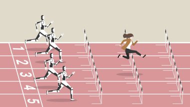 Feminist, Kadın Gücü, Güçlü Kadın ve İş Kadını Yarışması yarış pistindeki robot yapay zeka teknolojisinin üstesinden geldi. CEO kadın liderlik kavramı, başarı, çalışan kadın, iş dünyasının lideri..