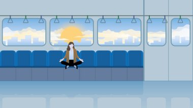 Tek başına sakin bir iş kadını oturur ve trende meditasyon yapar. İş fikri çözümlerini düşünün, problemleri çözün, stres atağı, farkındalık, nefes alma, dinlenme zamanı ve çalışma saatlerinde huzur..