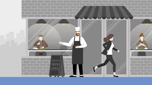 Поторопись деловая женщина бежит со временем мимо ресторана бистро. Час пик, Срочный, Занятой, Гектичный, Ежедневная поспешность, быстрый темп жизни, суета и суета городской концепции образа жизни.