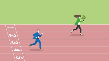 Advantages of ESG and green business policy of environmental concern, save a planet, eco friendly sustainability company. A leader businesswoman with a tree and rivalry is compete run on a race track.