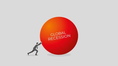 Business recession concept. the financial crisis, economic downturn, inflation, recession, failure, bankruptcy, and crisis. A businessman pushes the big red ball. A minimal style vector illustration.