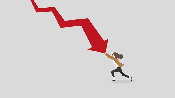 Businesswoman Pushes Decrease Business Chart Diagram Minimal Style Red Graph — Stok Vektör
