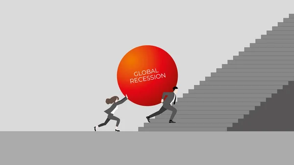 Businessman Businesswoman Push Big Red Ball Step Stair Team Business — Vector de stock