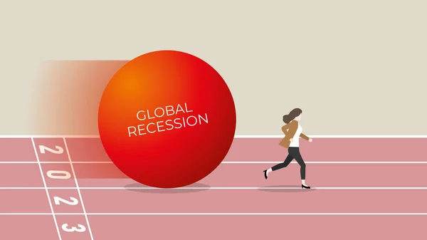 Global recession concept in the year 2023. A businesswoman runs away from the big red ball of financial crisis, economic downturn, inflation, recession, failure, bankruptcy and crisis. Minimal vector.