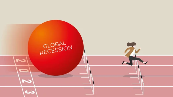 Global recession concept in the year 2023. A businesswoman runs away and jumps from the big red ball of the financial crisis, economic downturn, inflation, recession, failure, bankruptcy, and crisis.