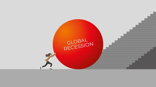 Businesswoman Pushes Big Red Ball Step Stair Business Recession Concept — Vector de stock