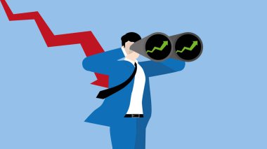 A businessman uses binoculars to look for a green up graph, business solution, problem-solving from a red down arrow, financial crisis, economic downturn, Global recession, and inflation concept.