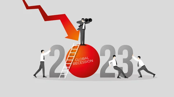 Koncepcja Globalnej Recesji Roku 2023 Biznesmen Wizją Praca Zespołowa Czerwony — Wektor stockowy