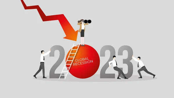 Conceito Recessão Global Ano 2023 Uma Mulher Negócios Visão Trabalho — Vetor de Stock