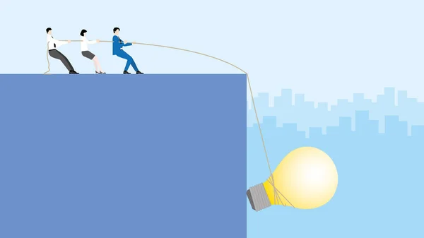 Leader Businessman Teamwork Pull Rope Big Light Bulb Falling Office — Stockvector