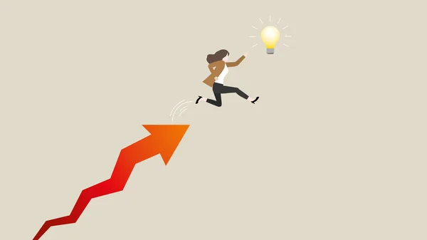 成功の概念に到達する 実業家は電球をつかむために矢印からジャンプします ビジネス上の課題 野心予測 — ストックベクタ
