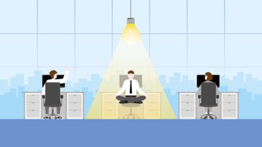 Bir iş adamı iş yerinde ampulle meditasyon yapar. İş çözümü, problem çözme, iş fikri, yaratıcılık, yaratıcılık, ilham, hayal gücü, düşünme, meditasyon ve vizyon kavramı.