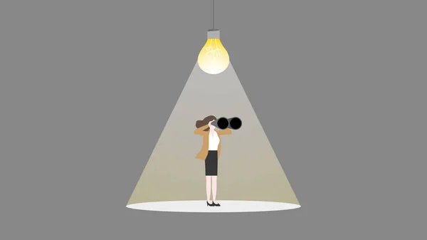 Eine Geschäftsfrau Benutzt Ein Fernglas Mit Einer Glühbirne Unternehmenslösung Problemlösung — Stockvektor