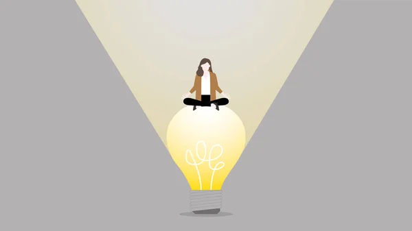 Affärskvinna Sitter Stor Glödlampa Affärslösningen Problemlösning Arbetsidé Kreativitet Kreativitet Inspiration — Stock vektor
