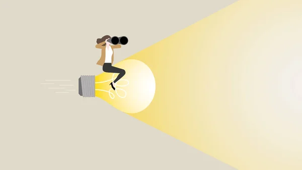 Affärskvinna Använder Kikare Stor Glödlampa Sök Efter Nya Affärsmöjligheter Problemlösning — Stock vektor