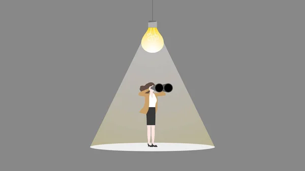 Een Zakenvrouw Gebruikt Een Verrekijker Met Een Lamp Zakelijke Oplossing Vectorbeelden