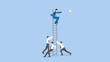 84 _ Ladder _ rider04A işadamı bir merdivene oturur ve destek ekibiyle birlikte bir yıldızı yakalar. İş mücadelesi, motivasyon, fırsat, yatırım, hırs, niyet, hedefe ulaşmak, hedef, fikir ve başarı kavramı.