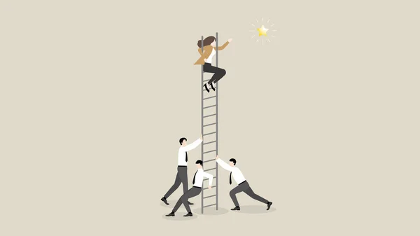 実業家ははしごの上に座り サポートチームと一緒に星をつかむ ビジネス上の課題 アイデア 成功の概念に到達する — ストックベクタ