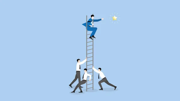 84_Ladder_Rider04Aビジネスマンははしごの上に座って サポートチームと一緒に星をつかむ ビジネス上の課題 アイデア 成功の概念に到達する — ストックベクタ