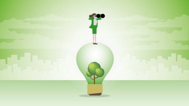 Hayalperest iş kadını şehirdeki bir ağaç ampulünde dürbün kullanıyor. ESG iş fikri, çevre politikası, yeşil enerji, çevre dostu, sürdürülebilir ve küresel doğa kaygısı kavramına bakın.