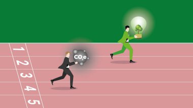 Avantajlı bir işadamı bir ağaç ampulü tutuyor ve bir takipçi CO2 gazı tutuyor, yarış pistinde çalışıyor. ESG rekabeti, çevre politikası, yeşil işletme, çevre dostu, sürdürülebilir ve doğa kaygısı.