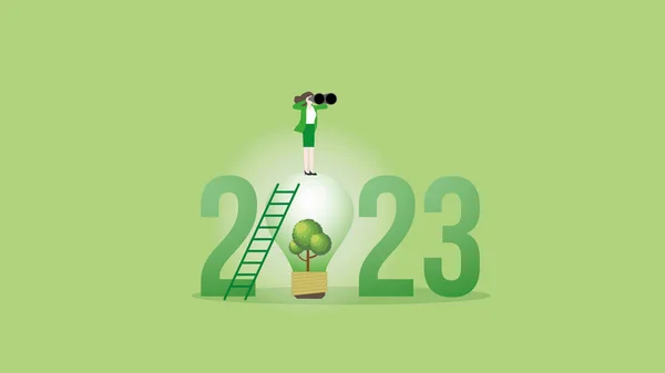 stock vector Vision businesswoman on the year 2023 and tree light bulb. ESG, Carbon dioxide net zero emission, carbon footprint, planting trees, global environmental business policy, sustainable and green concept.