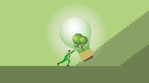 A businessman pushes a big tree lightbulb, steps up a stair. ESG idea, Renewable, Alternative energy, Environmental policy, Net zero emission, Carbon footprint reduction, Sustainable, Green concept.