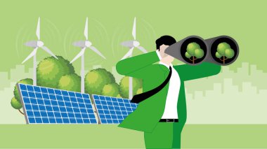 İşadamı ağaç bulmak için dürbün kullanıyor. ESG sürdürülebilir iş politikası, alternatif yenilenebilir enerji, rüzgar türbini jeneratörü gücü, güneş hücreleri, ağaç dikme ve çevresel kaygılar kavramı.