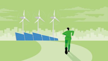 Back view of businessman runs aim to target goal. Wind turbine generator power windmill with solar cells. ESG, Renewable, Alternative, Sustainable Environmental policy, and Carbon footprint reduction. clipart