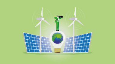 Vizyon sahibi iş adamı dünyada dürbün, ampul, rüzgar türbini jeneratörü ve güneş pilleri kullanıyor. ESG, Yenilenebilir, Alternatif, Sürdürülebilirlik, Sürdürülebilir Gelişme ve Çevresel.