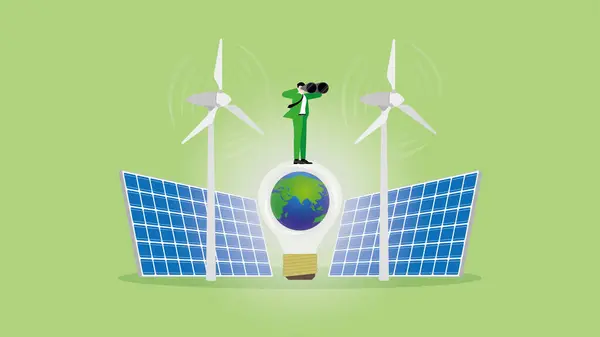 Visionärer Geschäftsmann Nutzt Ferngläser Für Glühbirnen Windkraftgeneratoren Und Solarzellen Esg — Stockvektor