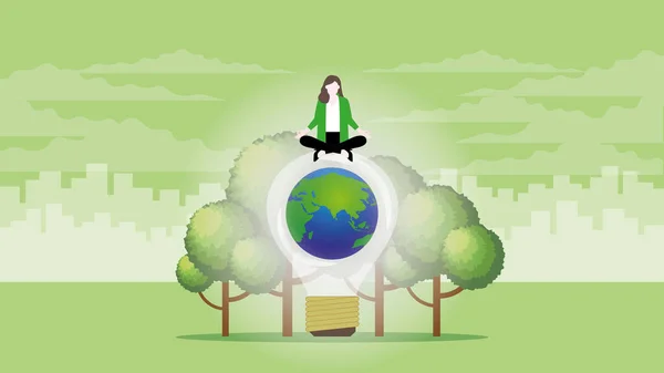 Calm Businesswoman Sits World Light Bulb Trees Esg Policy Plant — Stock Vector