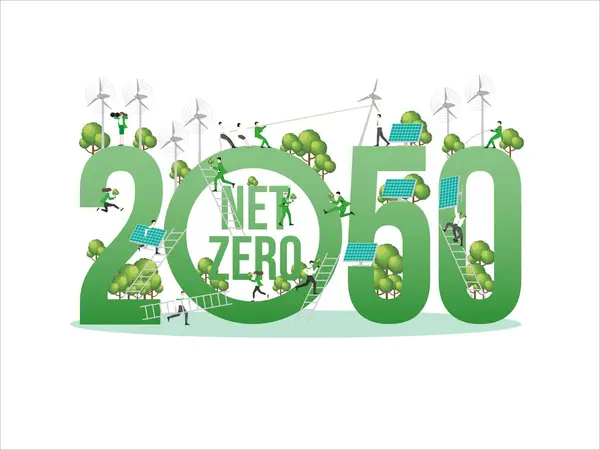 2050 yılında hedef hedefi için işbirliği yapan çalışanlar. ESG sürdürülebilirlik politikası net sıfır karbon ayak izi ve emisyon için gelişir