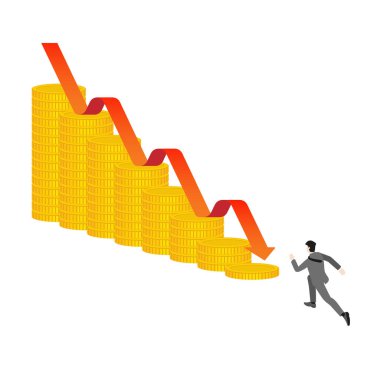 Ekonomik düşüş gösteren kırmızı okla altın sikkelere koşan bir işadamının iş ve yatırım vektör çizimi. Küresel ekonomide mali kriz, durgunluk ve para birimi sorunları