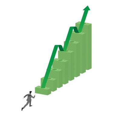 Profesyonel işadamı, büyüyen banknotlara doğru elinde yeşil bir okla koşuyor, finansal başarıyı, yatırım stratejilerini ve artan iş dünyası görselleri ekonomisini vurguluyor