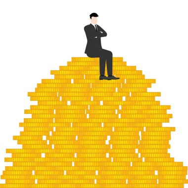 Başarılı bir öngörülü iş adamı bir yığın madeni paraya güvenerek oturuyor. Rekabetçi ekonomide para, yatırım, zenginlik, finansal büyüme ve stratejik iş kararları kavramları